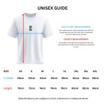 Unisex T-shirt size guide showing measurements in centimetres