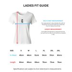 Ladies fit T-shirt size guide showing measurements in centimetres