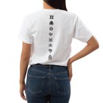 White cotton t-shirt with Adinkra symbol print on back by Zuri Nzuri