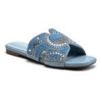 Slate blue beaded slip-on sandals with crystal embellished top strap