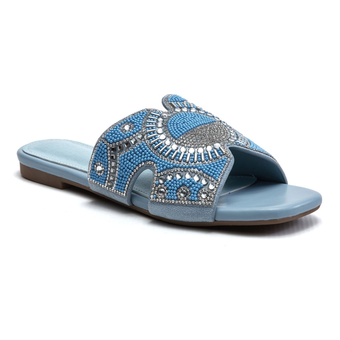 Slate blue beaded slip-on sandals with crystal embellished top strap