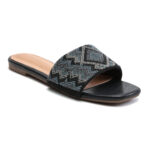 Jet black beaded slip-on sandals with graphic zig-zag beadwork