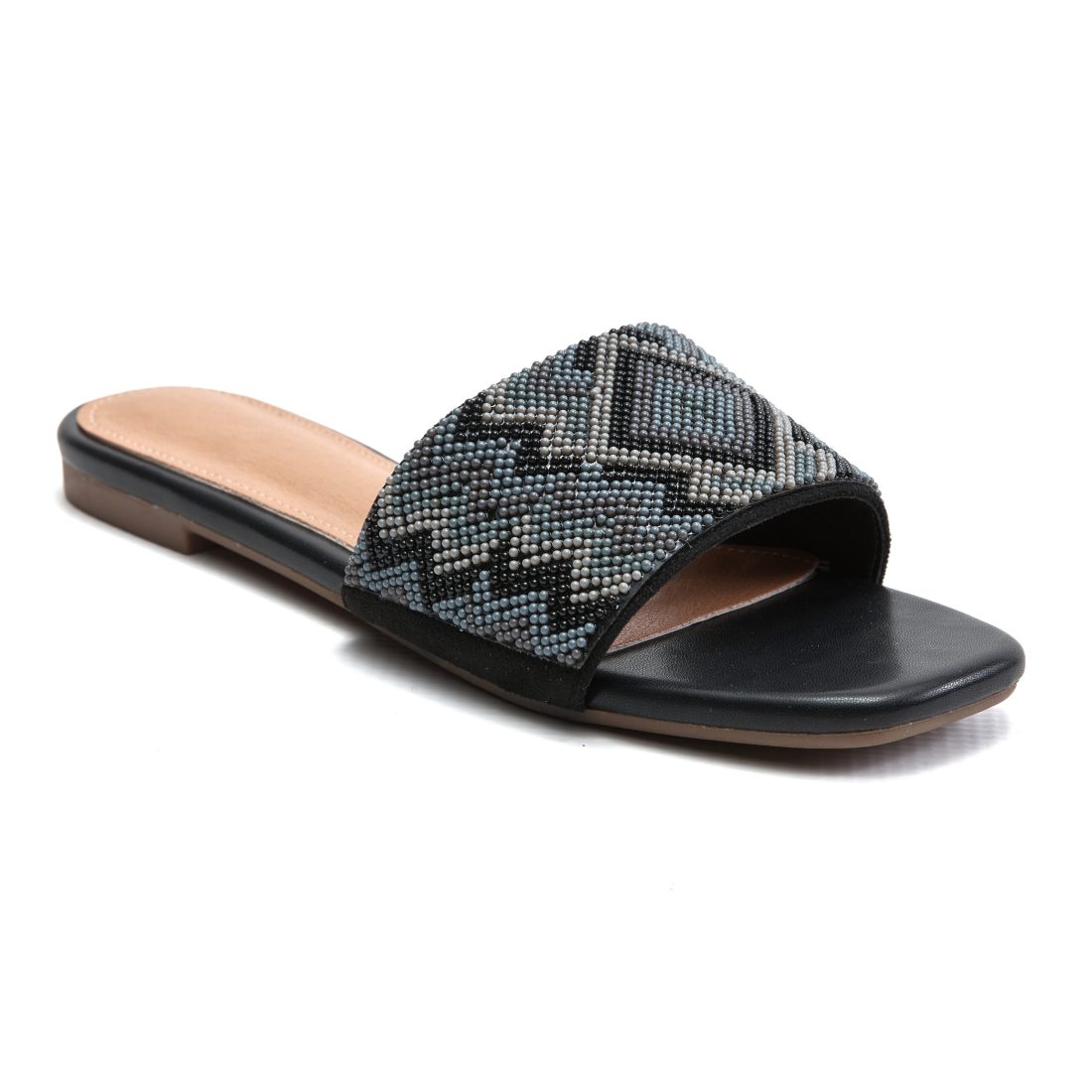 Jet black beaded slip-on sandals with graphic zig-zag beadwork