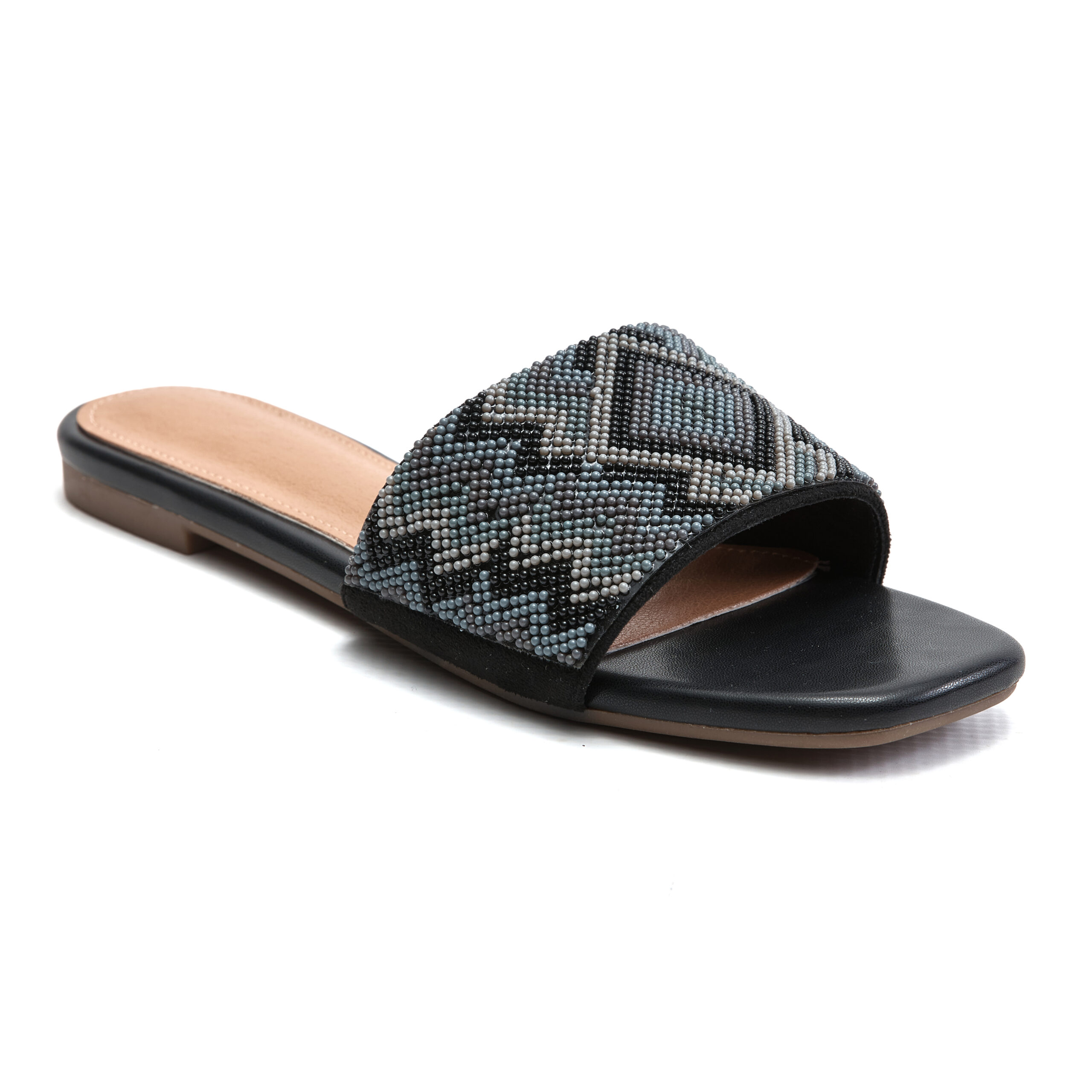 Jet black beaded slip-on sandals with graphic zig-zag beadwork Jet black beaded slip-on sandals with graphic zig-zag beadwork