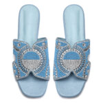 Slate blue beaded slip-on sandals with crystal embellished top strap