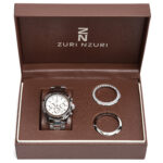 Fafanto stainless steel boyfriend watch presented in chocolate brown PU case with interchangeable bezels