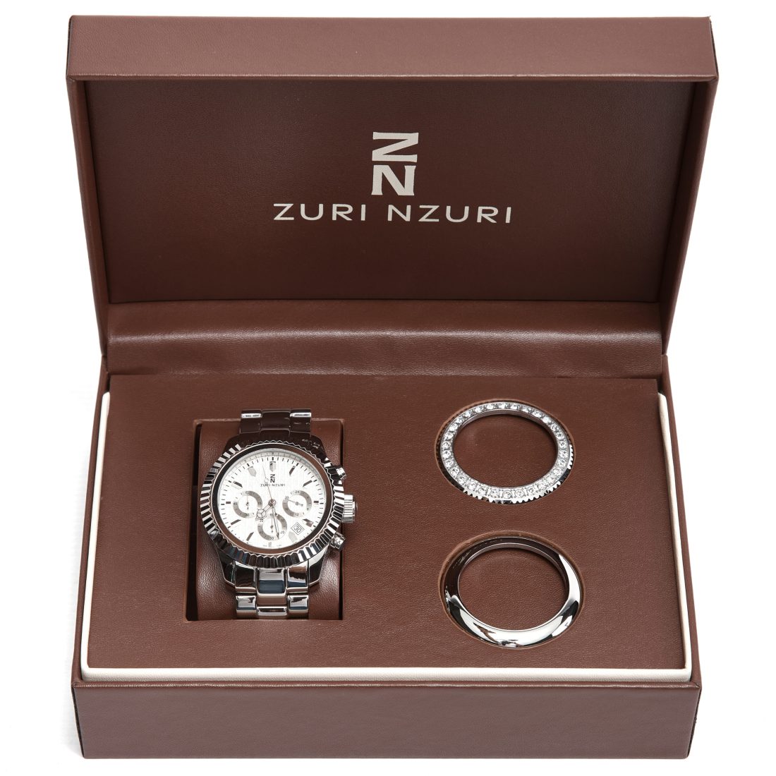 Fafanto stainless steel boyfriend watch presented in chocolate brown PU case with interchangeable bezels