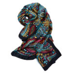 Bese Saka black silk touch scarf with blue and cherry accent pattern