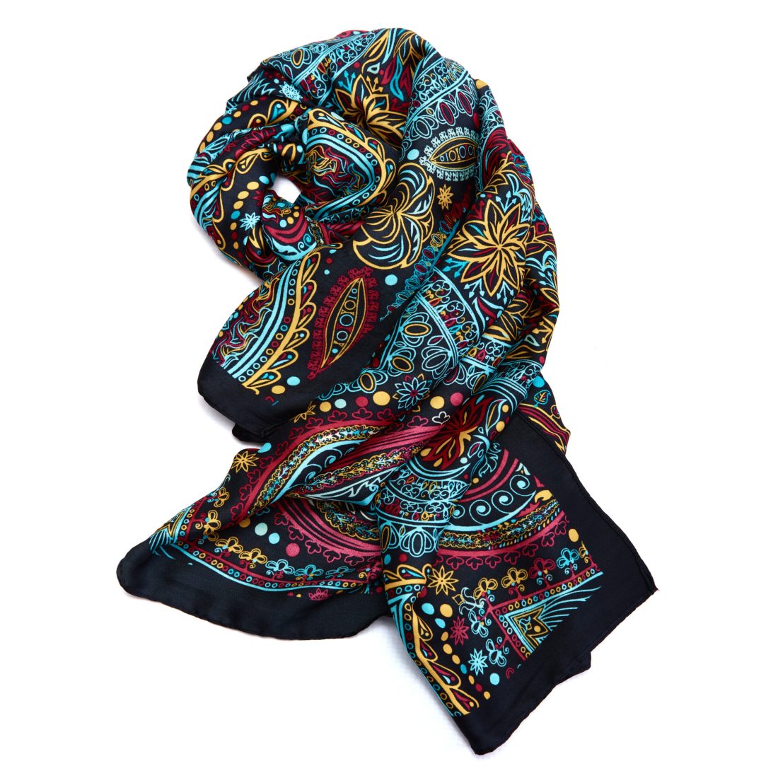 Bese Saka black silk touch scarf with blue and cherry accent pattern