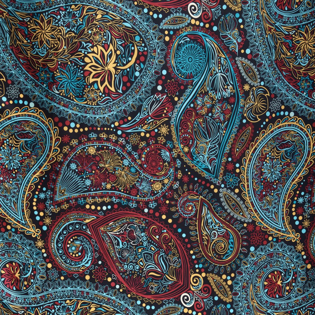 Bese Saka black silk touch scarf with blue and cherry accent pattern