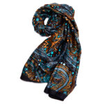 Duafe black silk touch scarf with teal and ochre accent pattern
