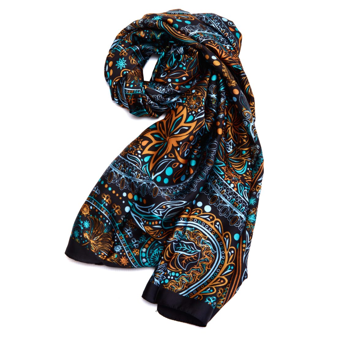 Duafe black silk touch scarf with teal and ochre accent pattern