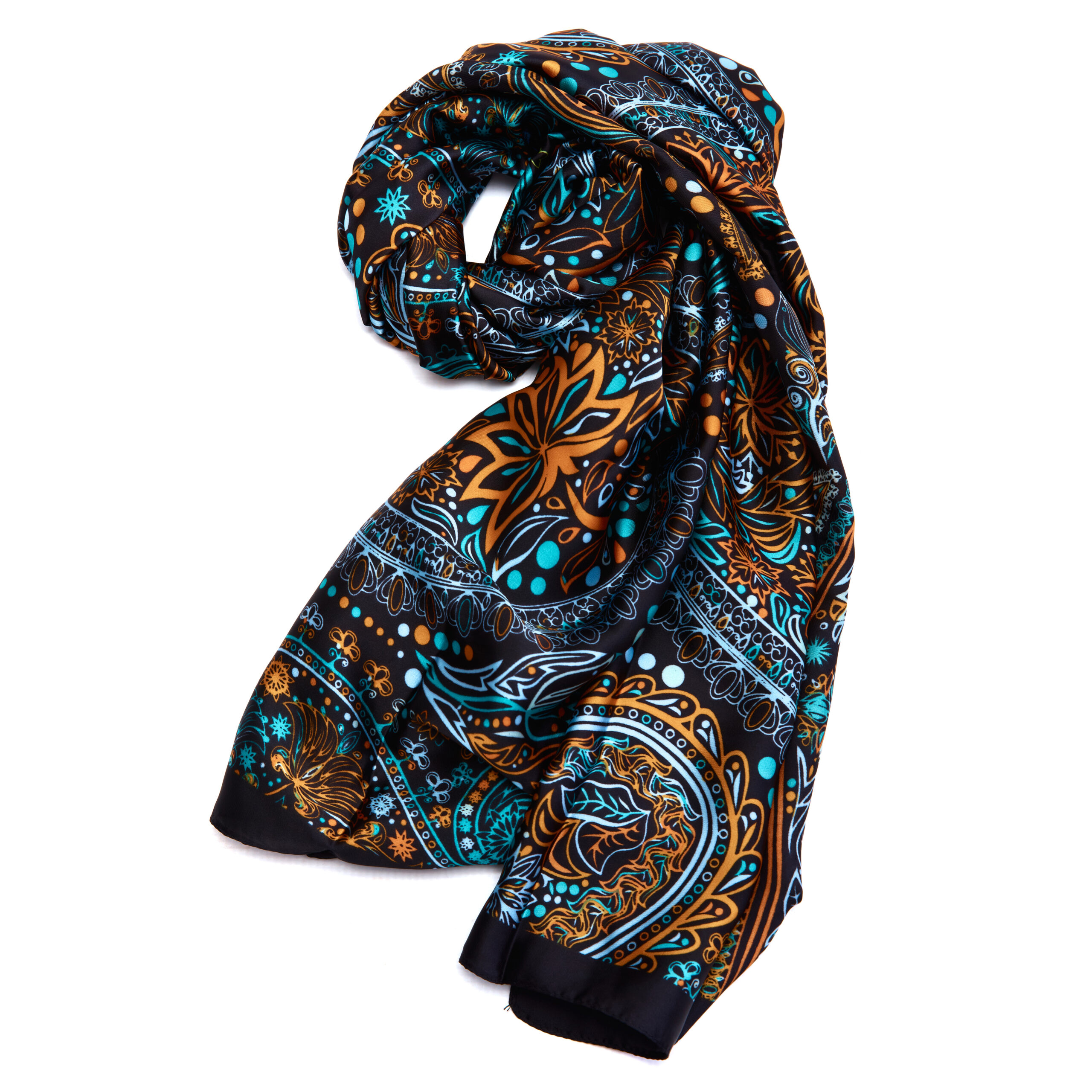 Duafe black silk touch scarf with teal and ochre accent pattern Duafe black silk touch scarf with teal and ochre accent pattern