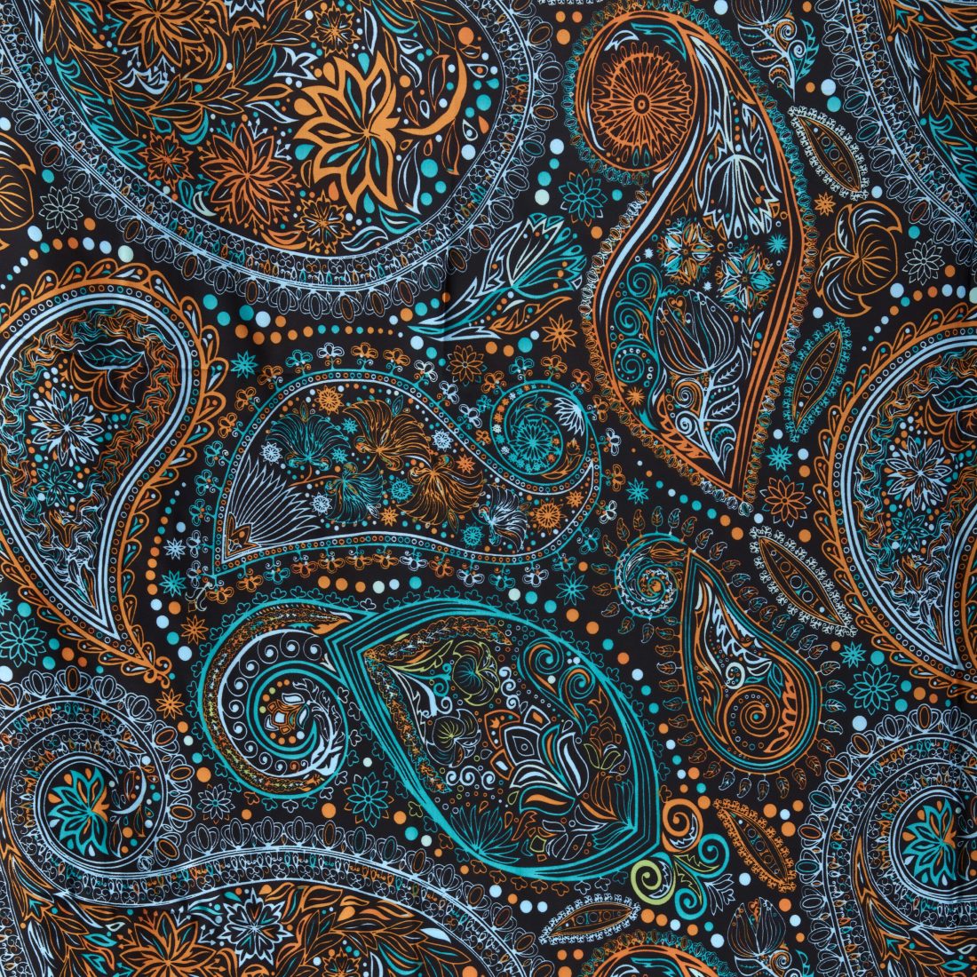 Duafe black silk touch scarf with teal and ochre accent pattern