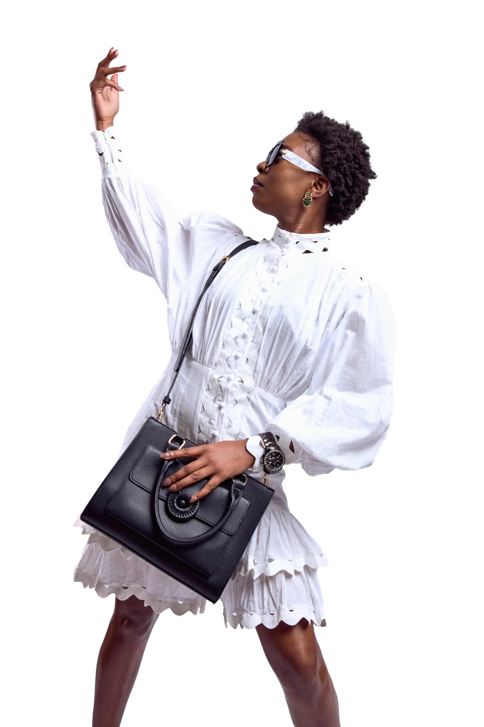 Model carrying Duafe Black City Bag with detachable shoulder strap and gold hardware