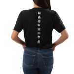 Black cotton t-shirt with Adinkra symbol print on back by Zuri Nzuri